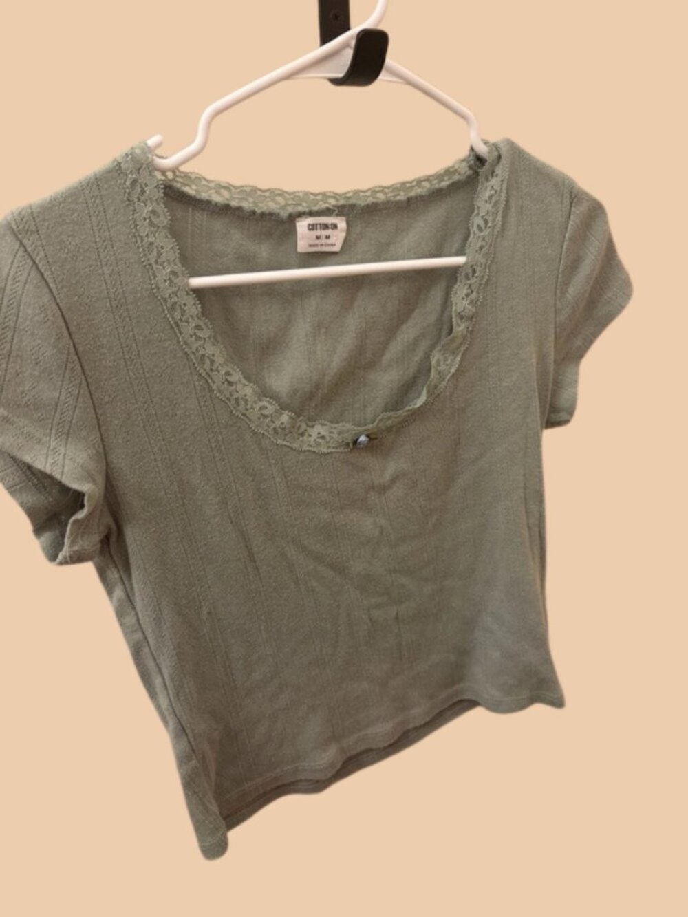 Cotton On Sage Green Lace-Trim Scoop Neck Baby Tee